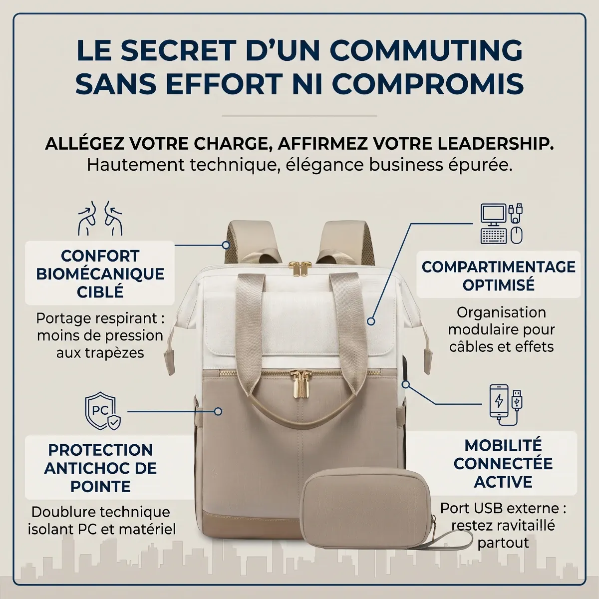 Infographie des bénéfices clés et du confort biomécanique du sac à dos ordinateur femme Albane