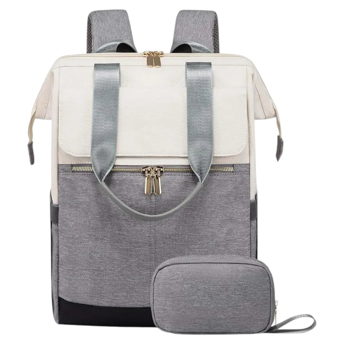Sac à dos ordinateur femme Albane design blanc cassé et gris avec pochette