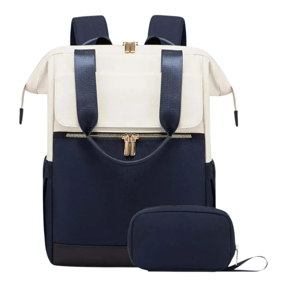 Sac à dos ordinateur femme Albane bleu marine et blanc avec mini pochette