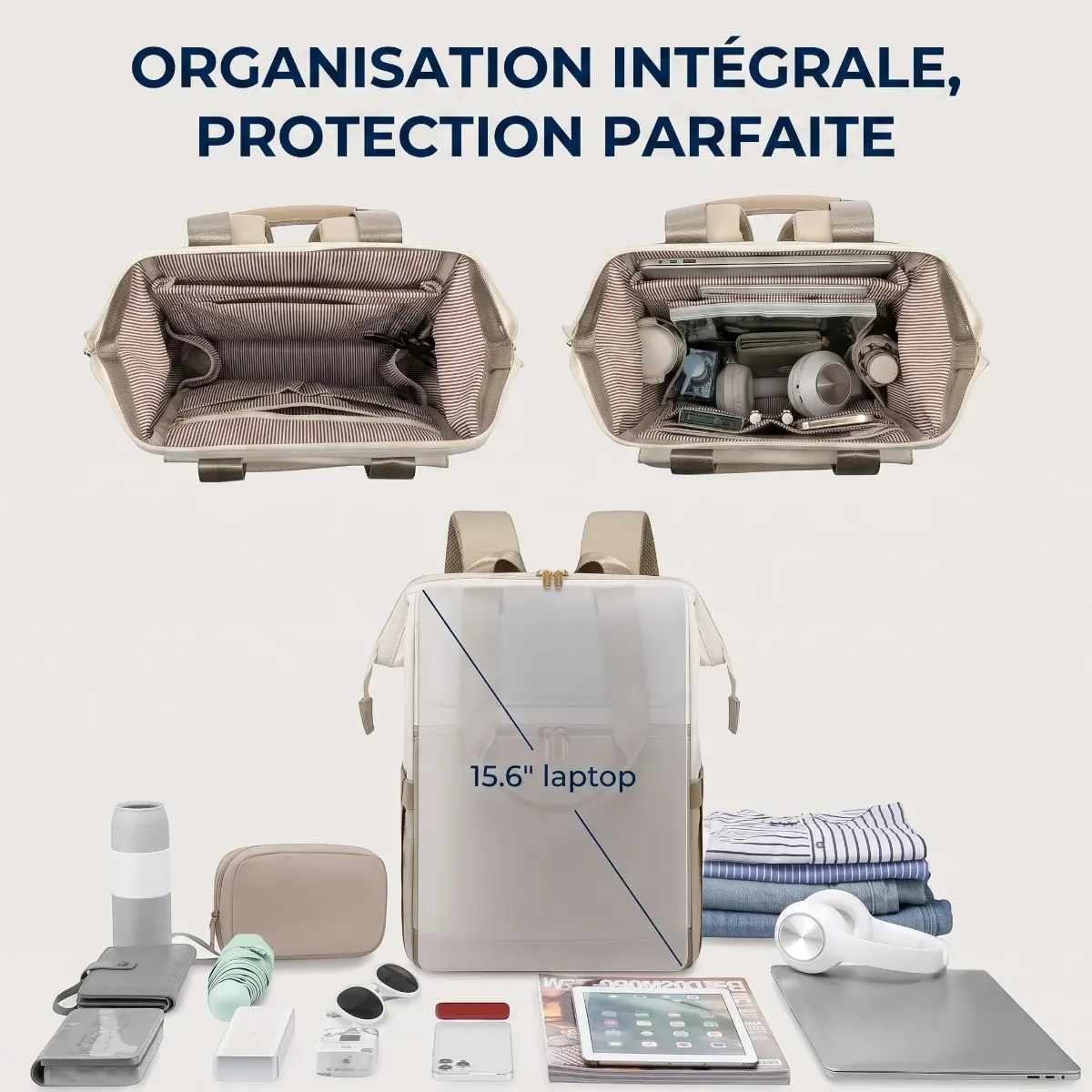 Vue intérieure de la grande capacité de rangement et du compartiment PC du sac à dos ordinateur femme Albane
