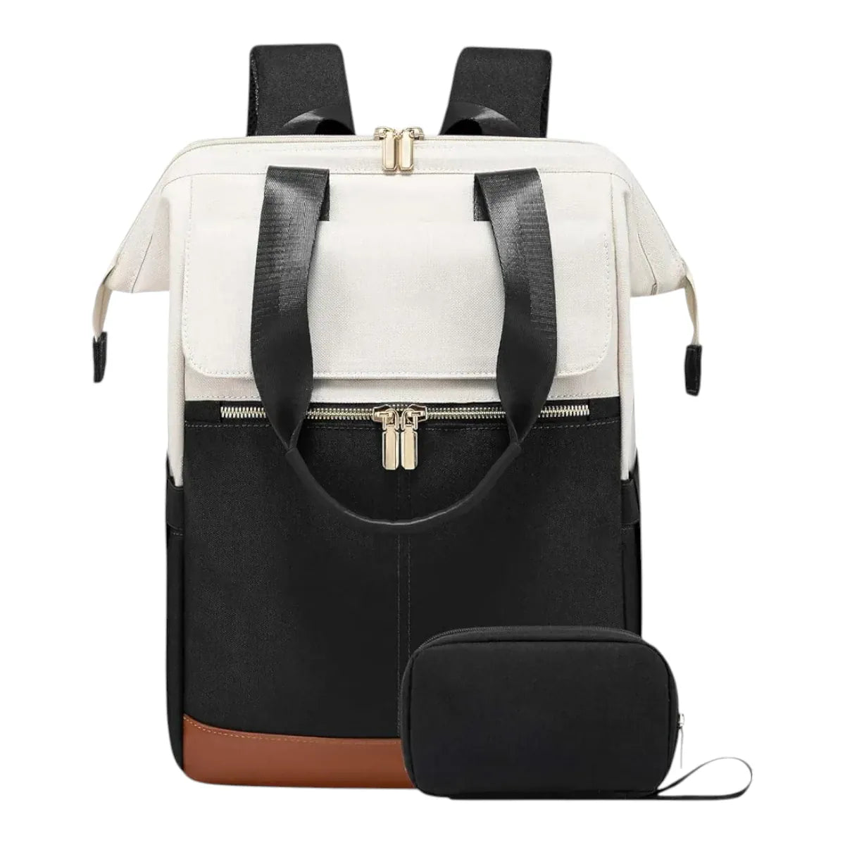 Sac à dos ordinateur femme Albane de couleur crème et noir avec petite pochette avant