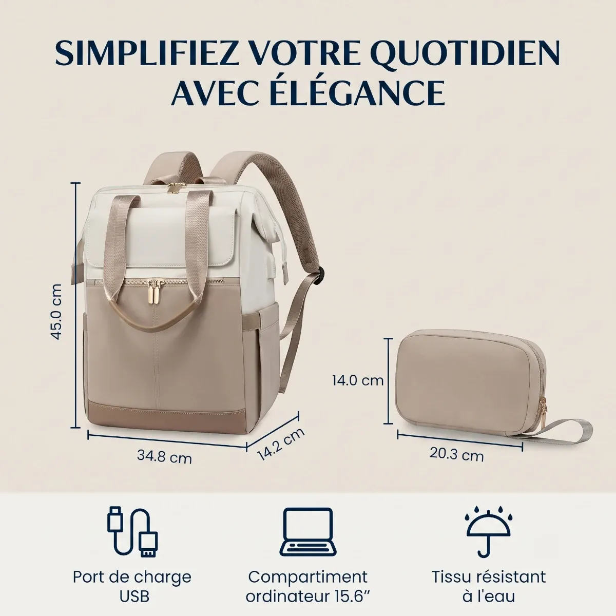 Dimensions précises en centimètres et caractéristiques techniques du sac à dos ordinateur femme Albane