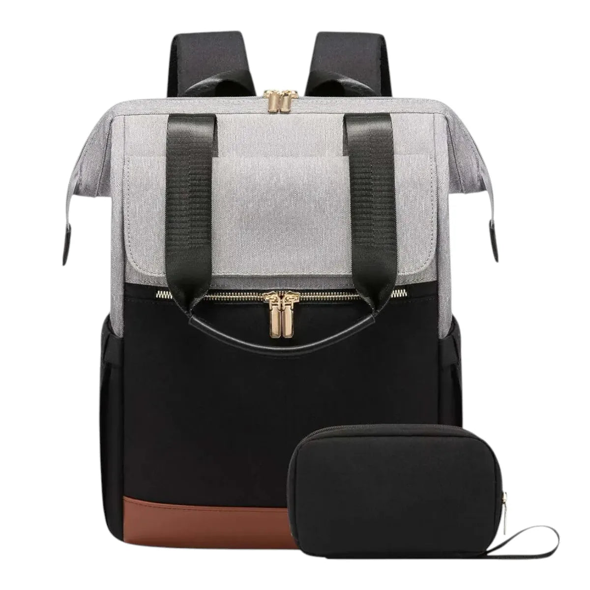 Sac à dos ordinateur femme Albane en tissu gris chiné et noir avec trousse de rangement