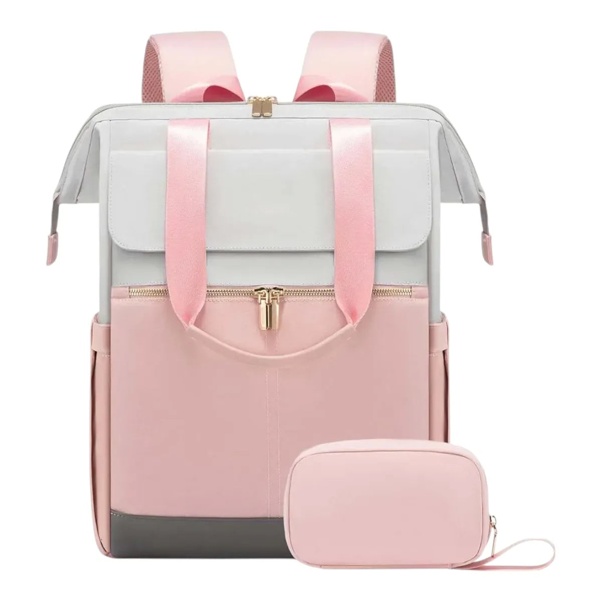Sac à dos ordinateur femme Albane coloris rose poudré et gris clair avec trousse