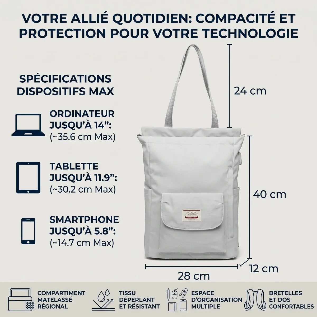 Spécifications et dimensions du sac à dos ordinateur femme Allure