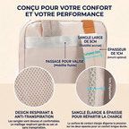 Infographie descriptive des bretelles ergonomiques de 5cm et du passage pour valise du sac à dos ordinateur femme Aura.