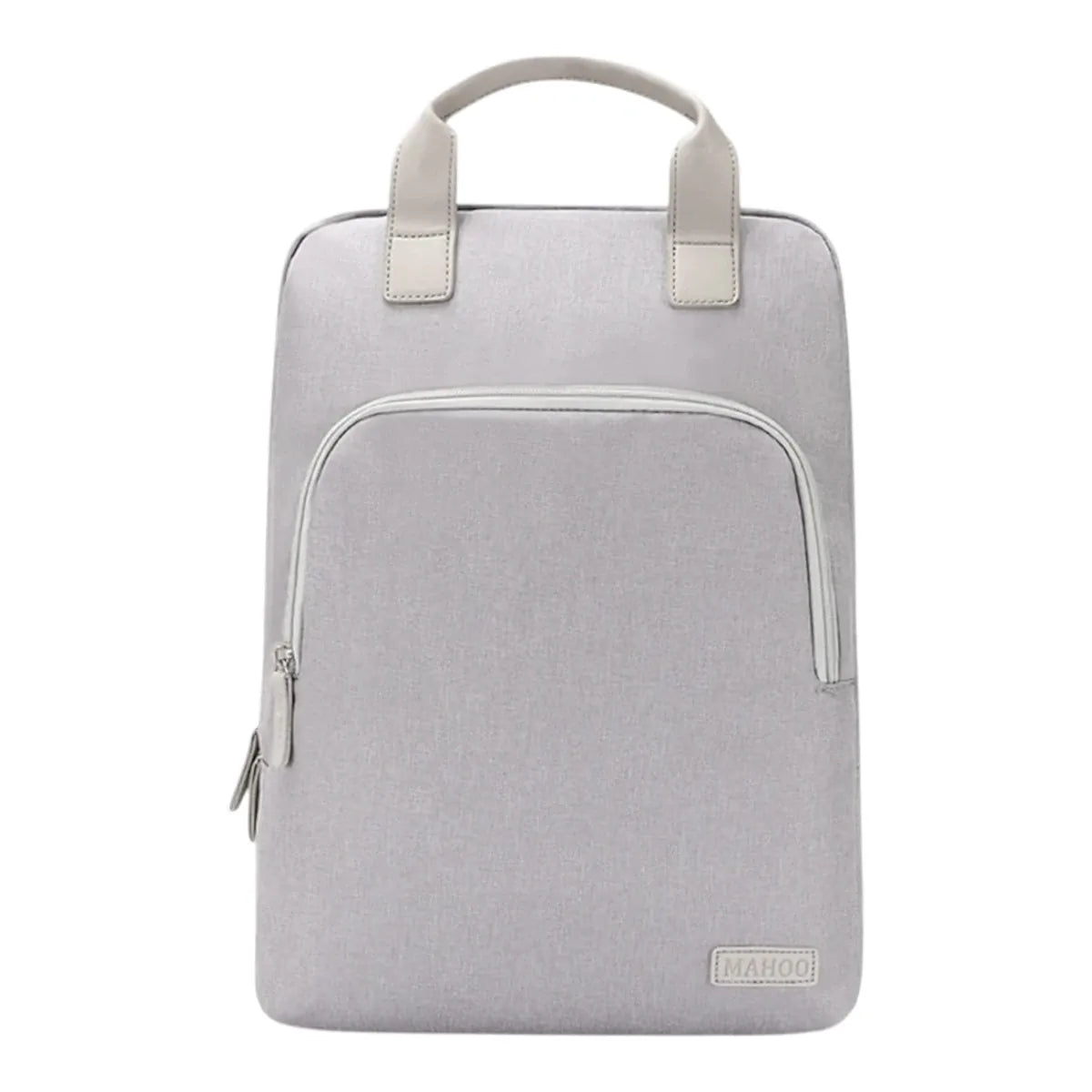 Sac à dos ordinateur femme Aura en tissu imperméable gris chiné, vue de face sur fond blanc.