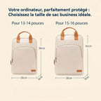 Guide des tailles et dimensions en centimètres pour les versions 13-14 pouces et 15-16 pouces du sac à dos ordinateur femme Aura.