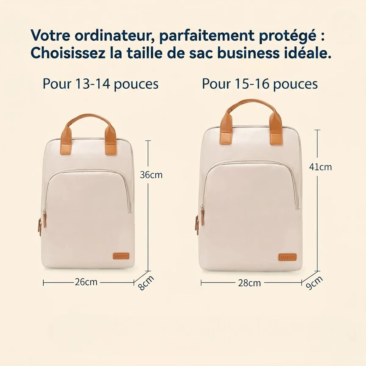 Guide des tailles et dimensions en centimètres pour les versions 13-14 pouces et 15-16 pouces du sac à dos ordinateur femme Aura.