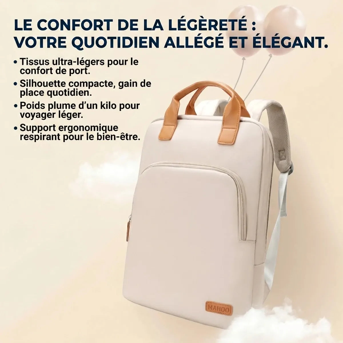 Présentation des bénéfices de légèreté, de la silhouette compacte et du tissu respirant du sac à dos ordinateur femme Aura.