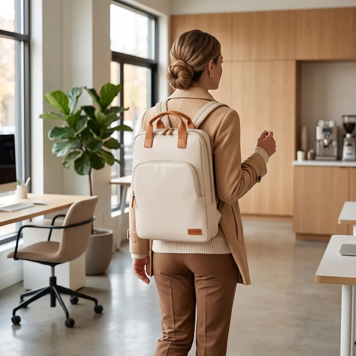 Femme élégante portant le sac à dos ordinateur femme Aura au dos dans un bureau moderne et lumineux.