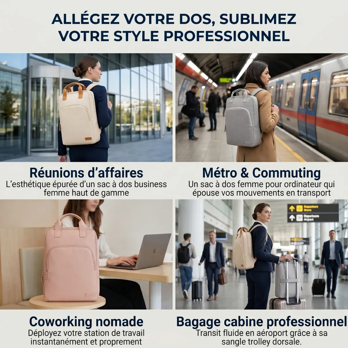 Infographie en 4 parties du sac à dos ordinateur femme Aura Pro de Bureau Cosy, illustrant ses cas d'utilisation professionnels : métro et commuting, réunions d'affaires, coworking nomade et bagage cabine avec sangle trolley.
