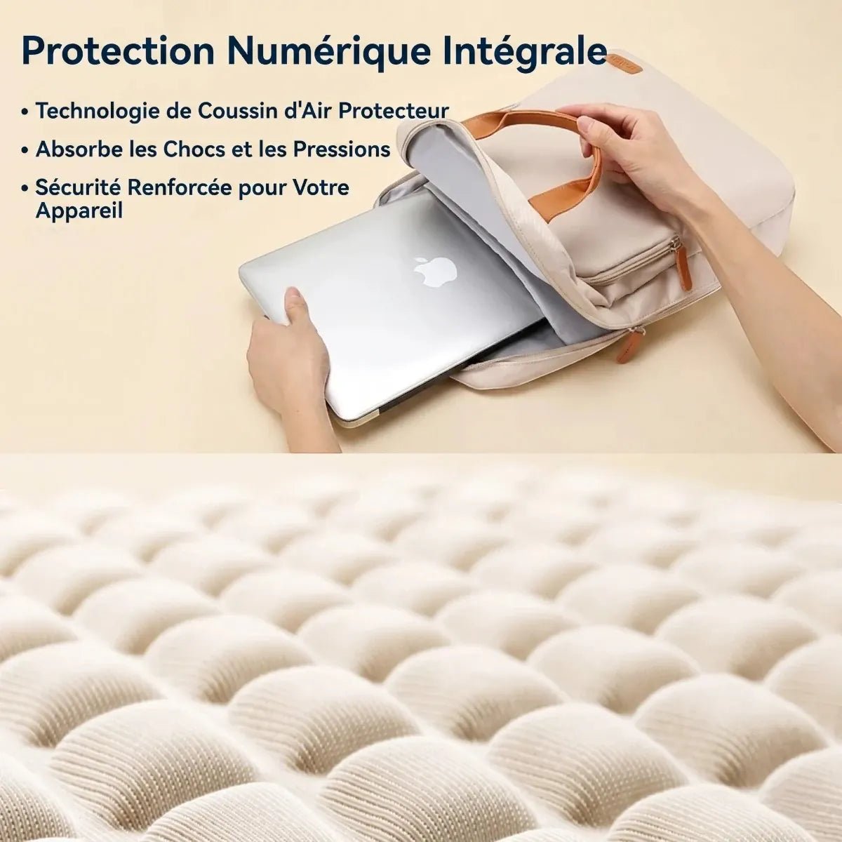 Zoom technique sur le compartiment de protection antichoc à coussins d'air du sac à dos ordinateur femme Aura.