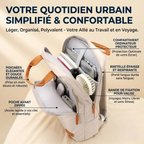 Infographie en français détaillant l'organisation et le stockage double du sac à dos ordinateur femme Aura ouvert.