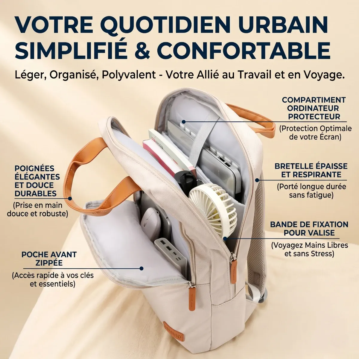 Infographie en français détaillant l'organisation et le stockage double du sac à dos ordinateur femme Aura ouvert.