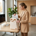 Femme d'affaires en manteau beige sortant son PC portable du sac à dos ordinateur femme Aura posé sur un bureau.