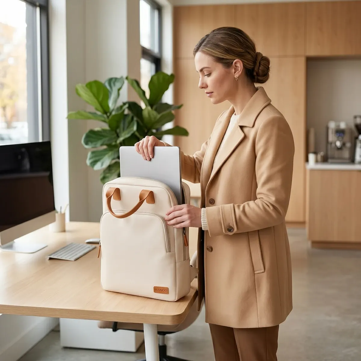 Femme d'affaires en manteau beige sortant son PC portable du sac à dos ordinateur femme Aura posé sur un bureau.