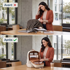 Comparatif avant après montrant la frustration d'un sac classique désordonné face à l'organisation fluide du sac à dos ordinateur femme Aurelia.