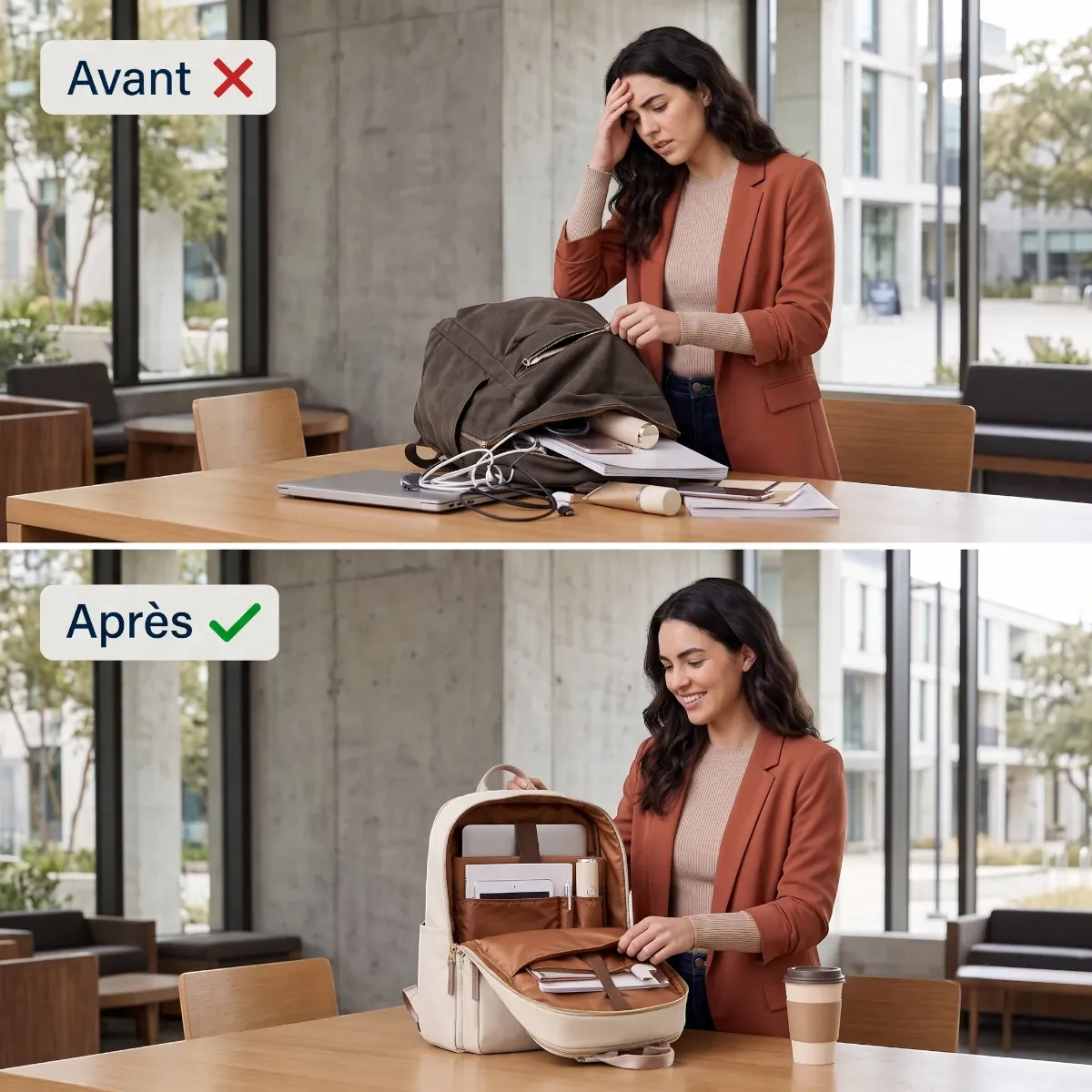 Comparatif avant après montrant la frustration d'un sac classique désordonné face à l'organisation fluide du sac à dos ordinateur femme Aurelia.
