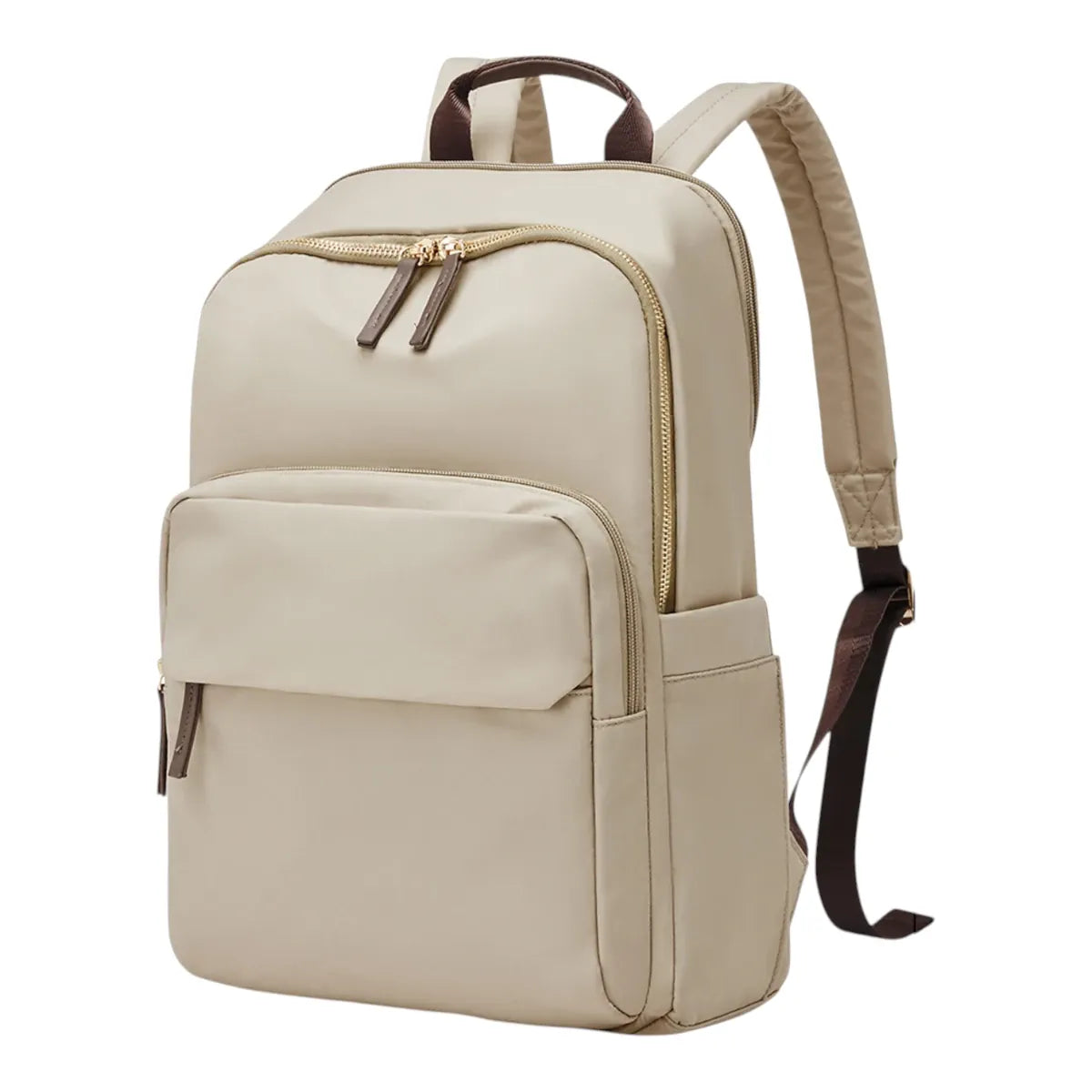 Sac à dos ordinateur femme Aurelia coloris beige sable avec lanières et poignée contrastées marron chocolat.