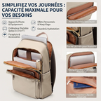 Vue détaillée du grand compartiment intérieur ouvert du sac à dos ordinateur femme Aurelia et de ses multiples poches.