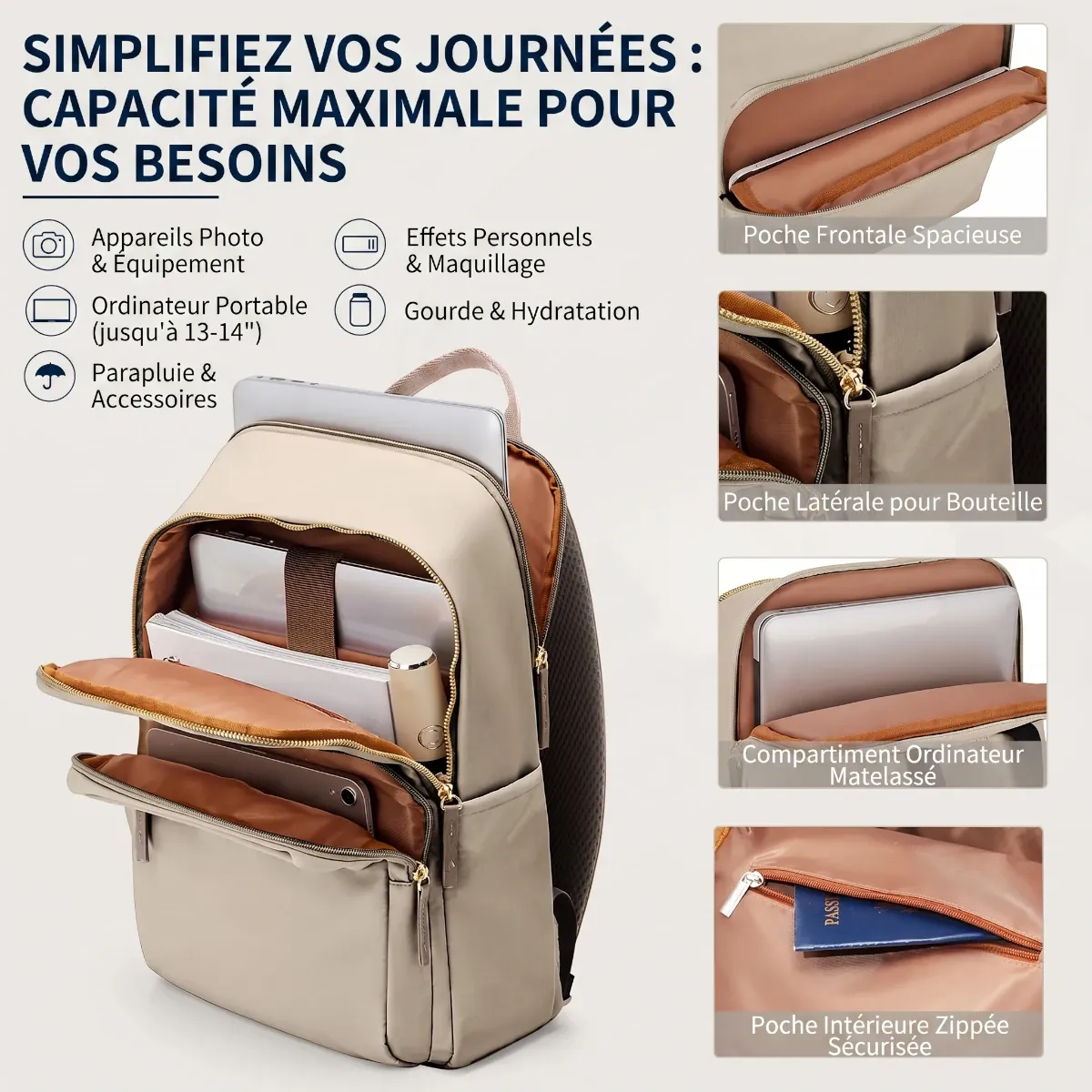 Vue détaillée du grand compartiment intérieur ouvert du sac à dos ordinateur femme Aurelia et de ses multiples poches.