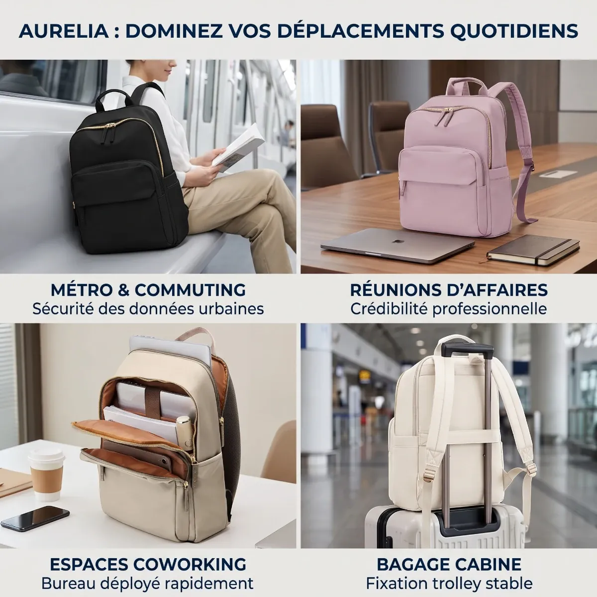 Grille explicative des quatre cas d'usage professionnels quotidiens du sac à dos ordinateur femme Aurelia.