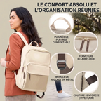 Gros plans sur l'ingénierie du sac à dos ordinateur femme Aurelia avec ses fermetures éclair fluides et ses boucles en métal.