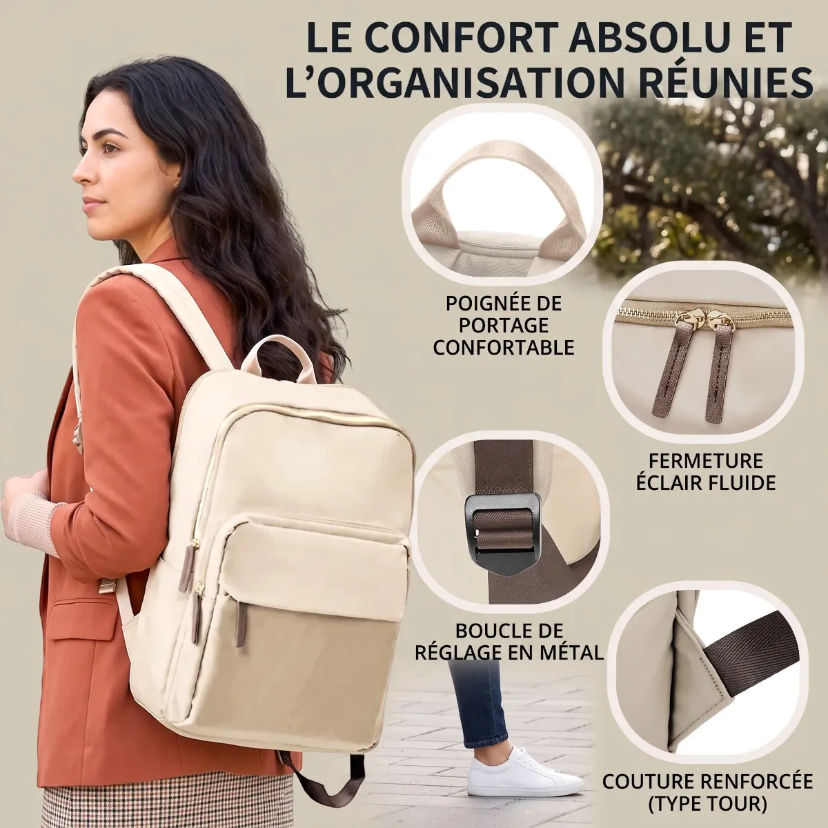 Gros plans sur l'ingénierie du sac à dos ordinateur femme Aurelia avec ses fermetures éclair fluides et ses boucles en métal.