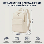 Infographie technique du sac à dos ordinateur femme Aurelia affichant les dimensions de 41x28x12 cm et ses points forts.