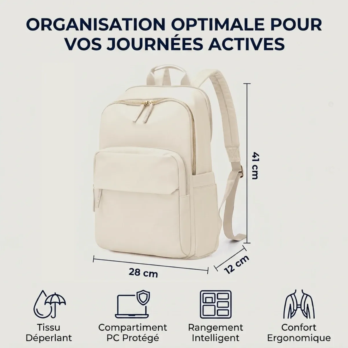 Infographie technique du sac à dos ordinateur femme Aurelia affichant les dimensions de 41x28x12 cm et ses points forts.