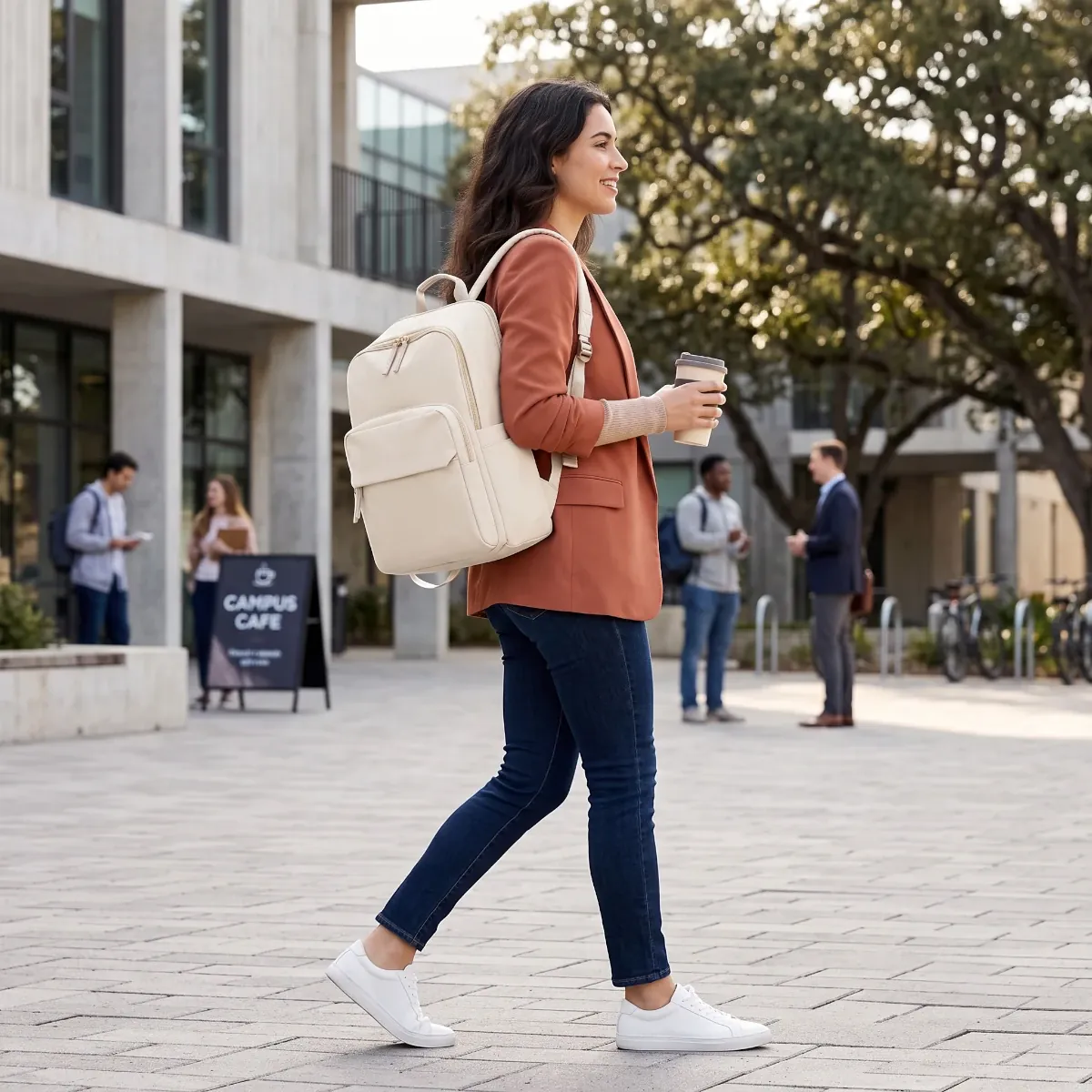 Femme d'affaires en veste terracotta portant le sac à dos ordinateur femme Aurelia dans un cadre urbain chic.