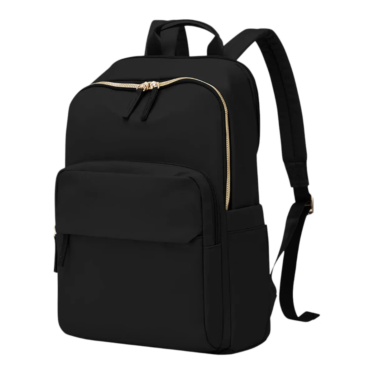 Sac à dos ordinateur femme Aurelia en nylon noir satiné avec fermetures éclair dorées métallisées, vue de trois-quarts.