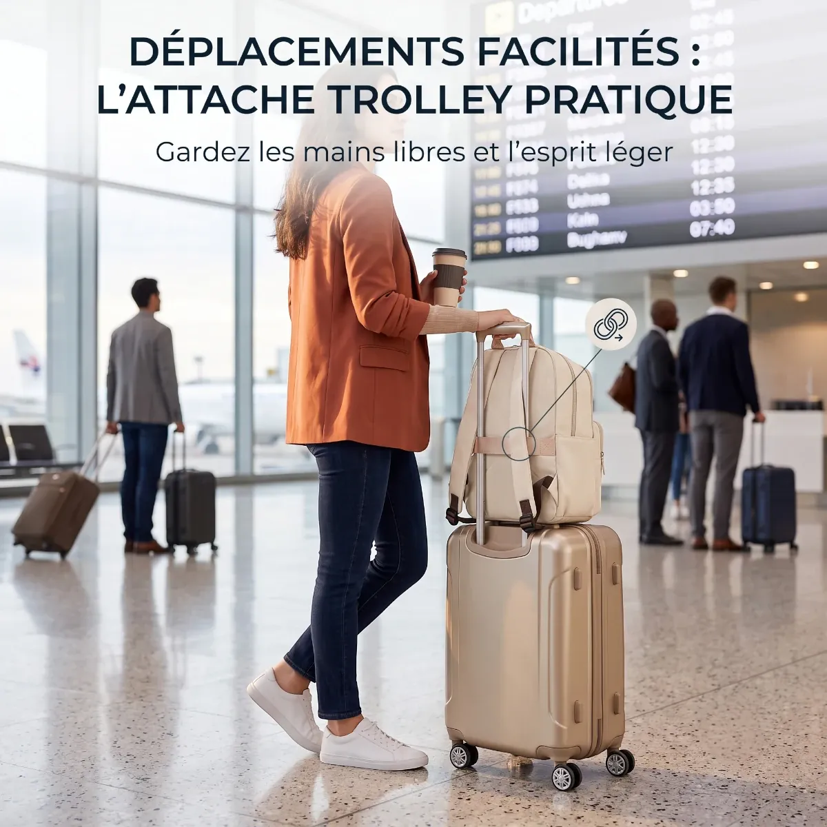 Sac à dos ordinateur femme Aurelia fixé sur le manche télescopique d'une valise cabine à l'aéroport.