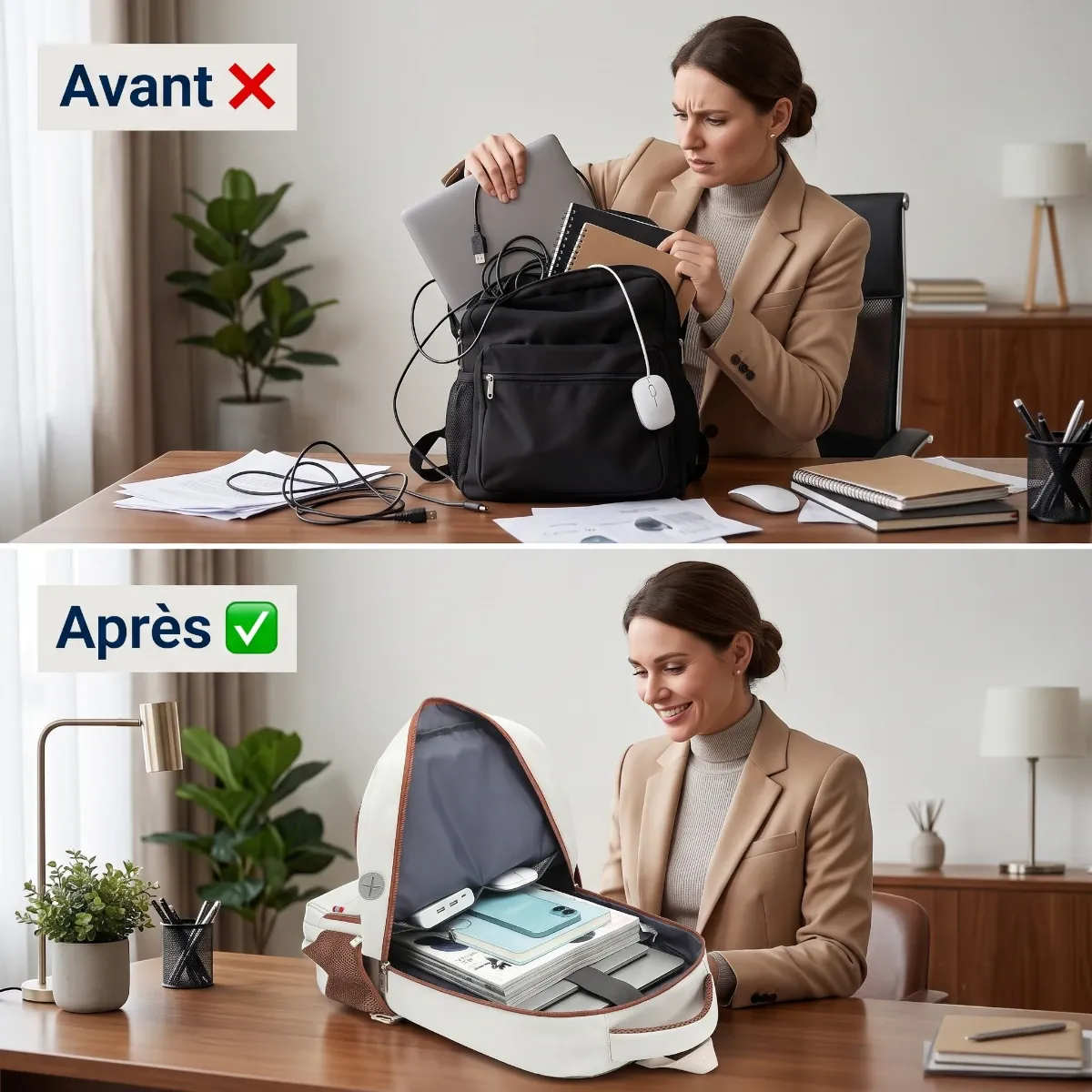 Comparatif avant et après utilisation du sac à dos ordinateur femme Avena pour le rangement