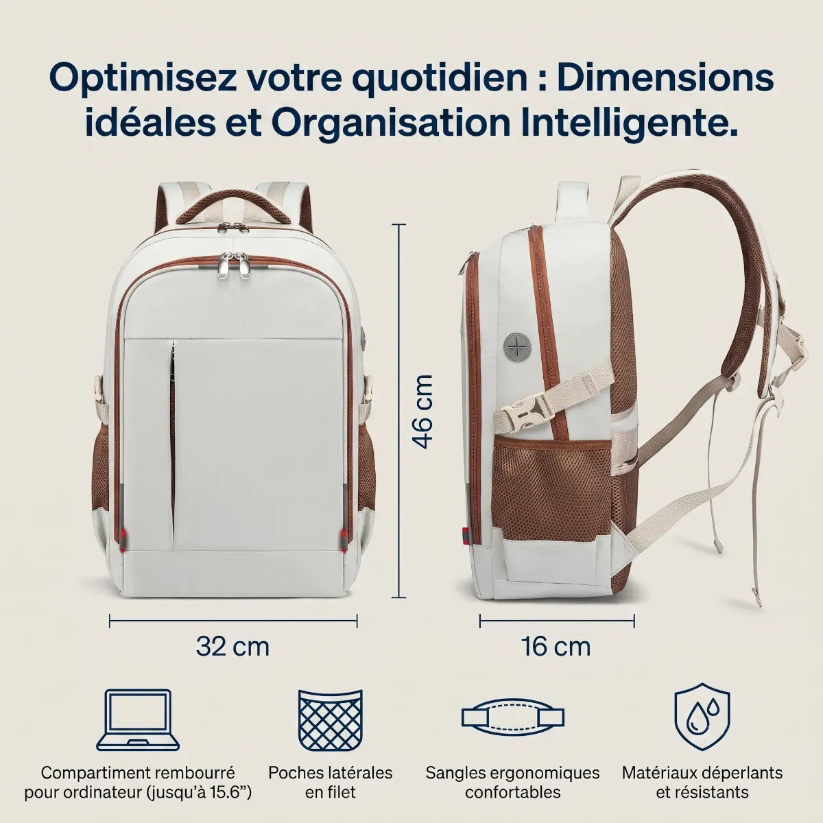 Dimensions et détails techniques du sac à dos ordinateur femme Avena