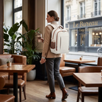 Femme d'affaires portant le sac à dos ordinateur femme Avena dans un café