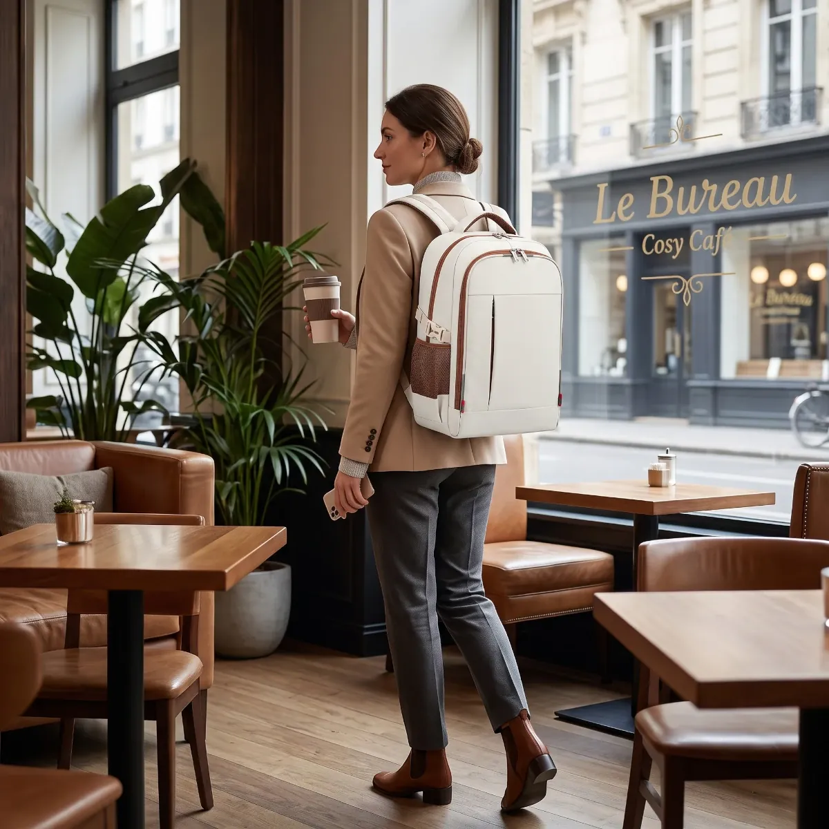 Femme d'affaires portant le sac à dos ordinateur femme Avena dans un café