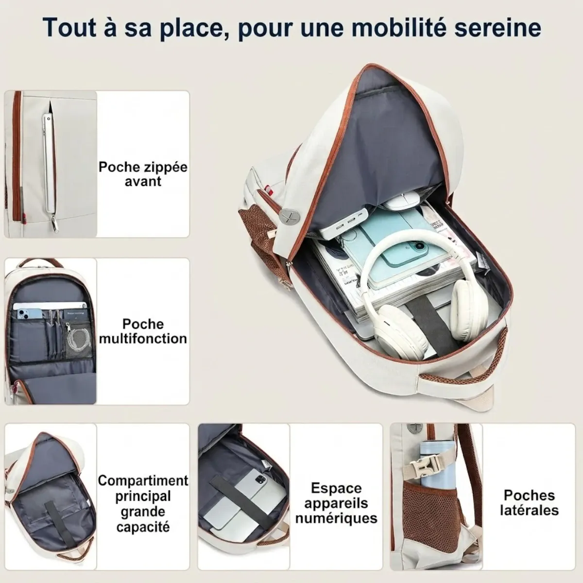 Vue détaillée des poches et rangements intérieurs du sac à dos ordinateur femme Avena
