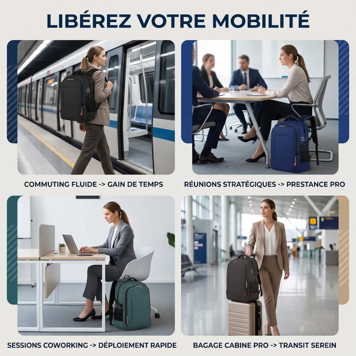 Différentes situations d'utilisation du sac à dos ordinateur femme Avena en mobilité urbaine