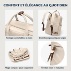 Infographie montrant le confort de portage et l'ergonomie du sac à dos ordinateur femme Duna.