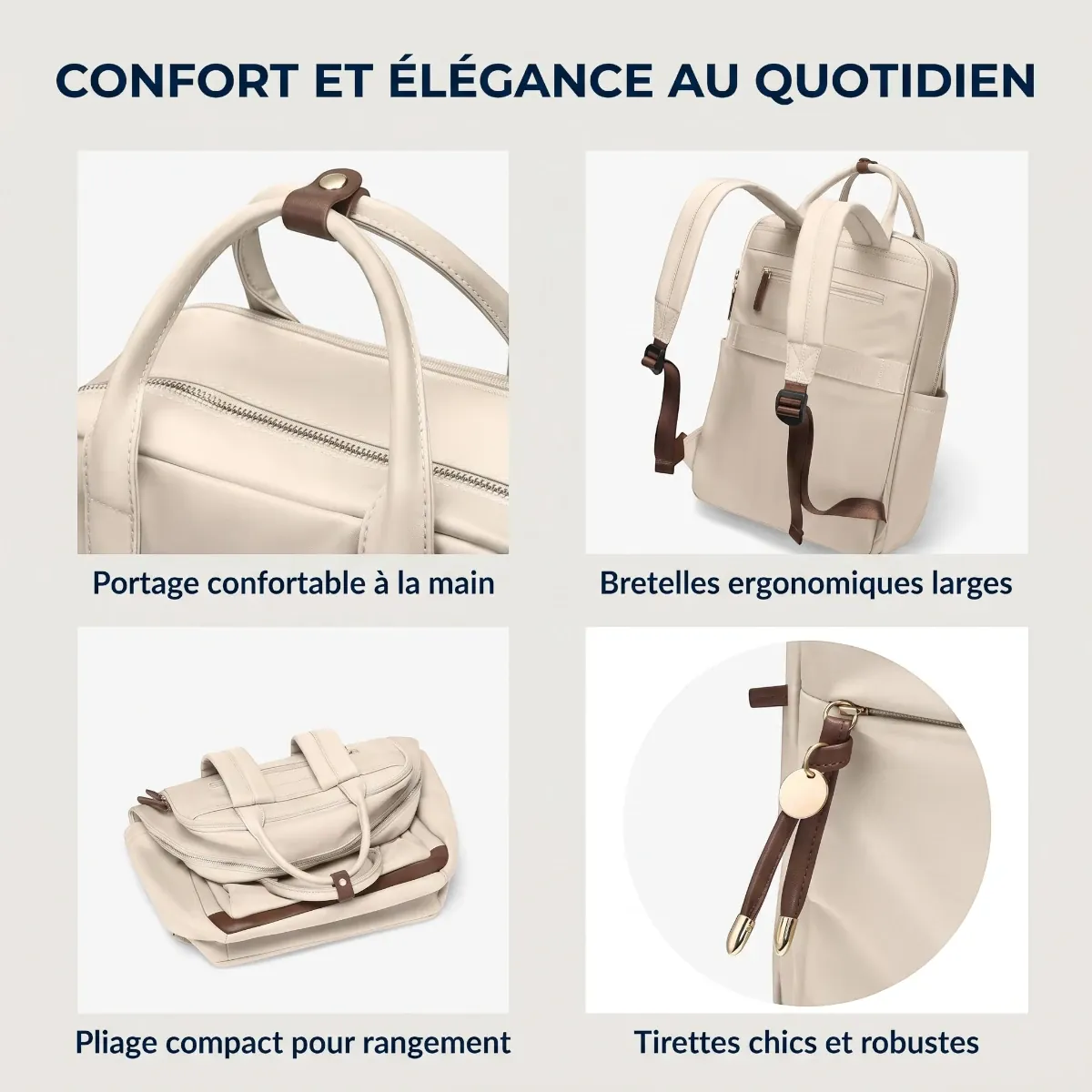 Infographie montrant le confort de portage et l'ergonomie du sac à dos ordinateur femme Duna.