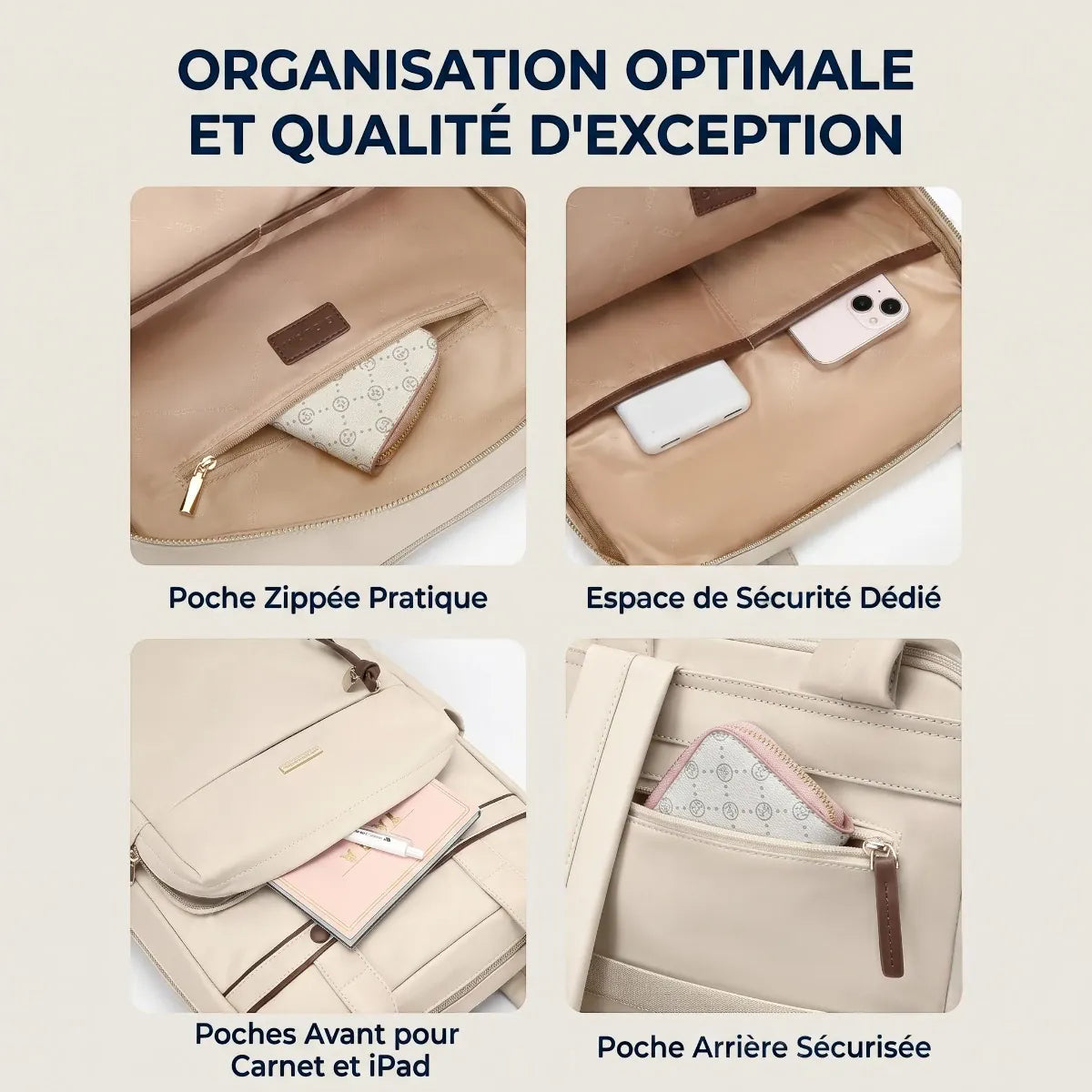 Infographie montrant les compartiments d'organisation interne du sac à dos ordinateur femme Duna.