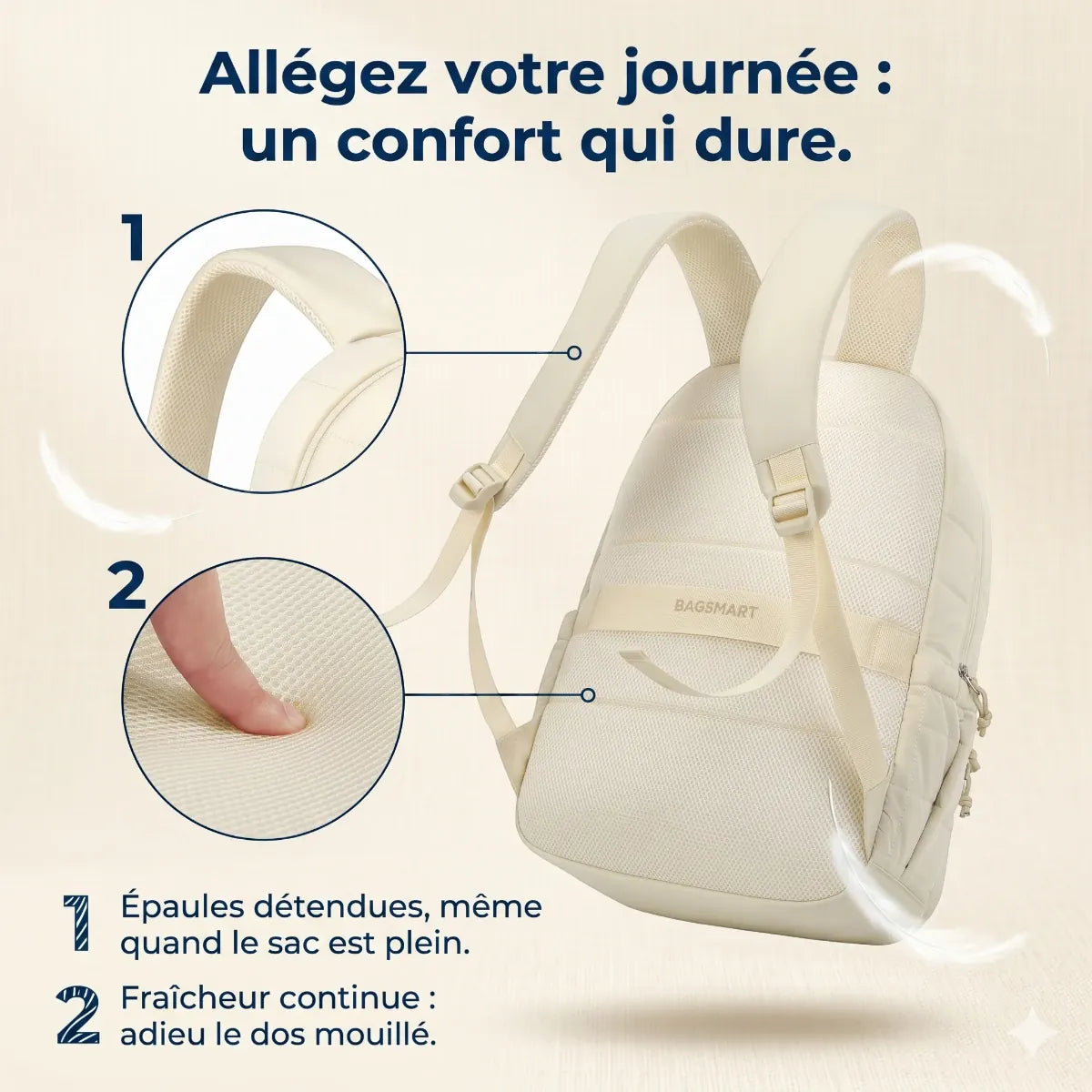Détails ergonomiques du sac à dos ordinateur femme Elya montrant les bretelles rembourrées et le panneau dorsal respirant