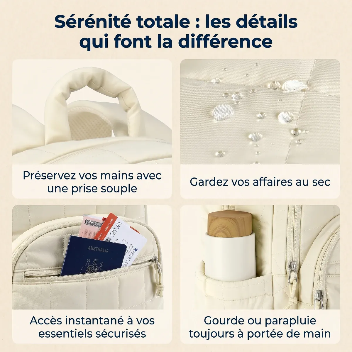 Gros plans sur les finitions du sac à dos ordinateur femme Elya mettant en avant la poignée confort et le tissu imperméable