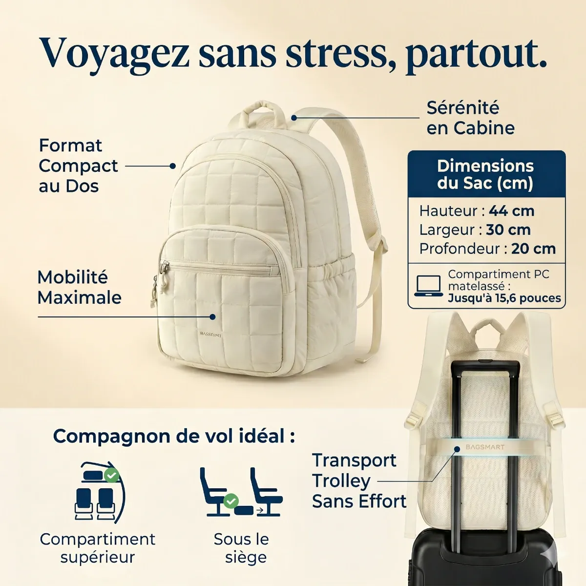 Dimensions en centimètres du sac à dos ordinateur femme Elya et démonstration de la sangle trolley pour bagage cabine