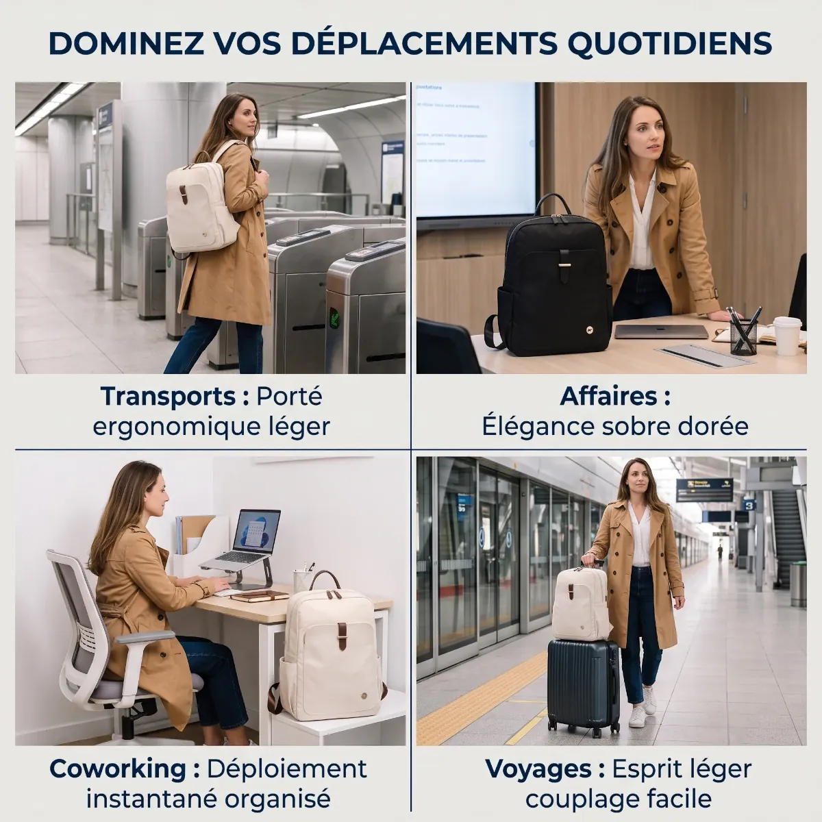 Infographie des cas d'utilisation du sac à dos ordinateur femme Helya au quotidien.