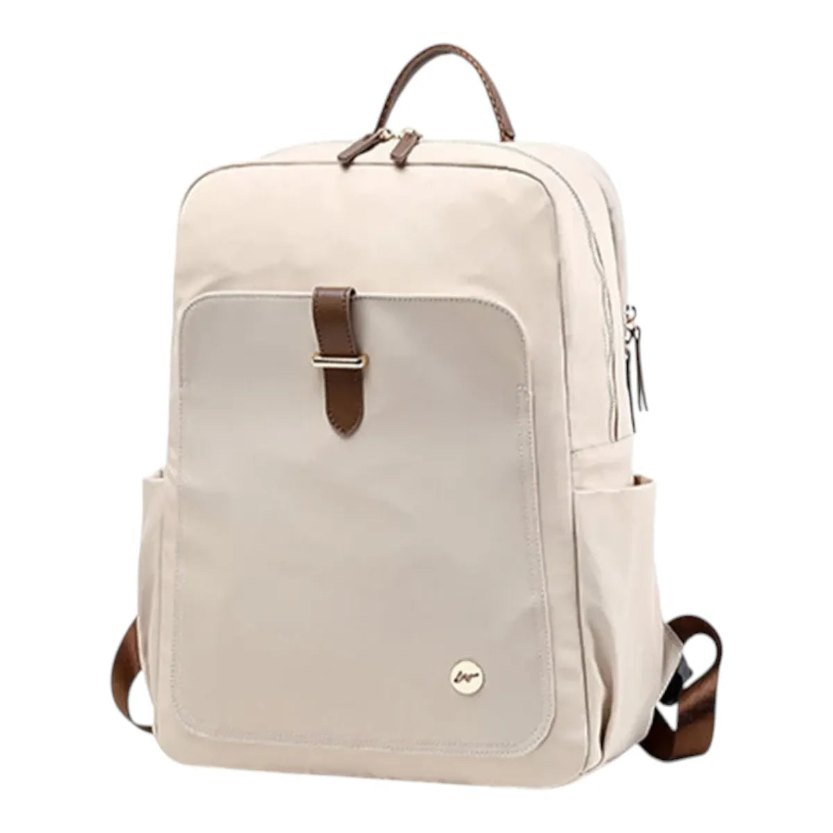 Sac à dos ordinateur femme Helya couleur beige avec détails en cuir marron chic.
