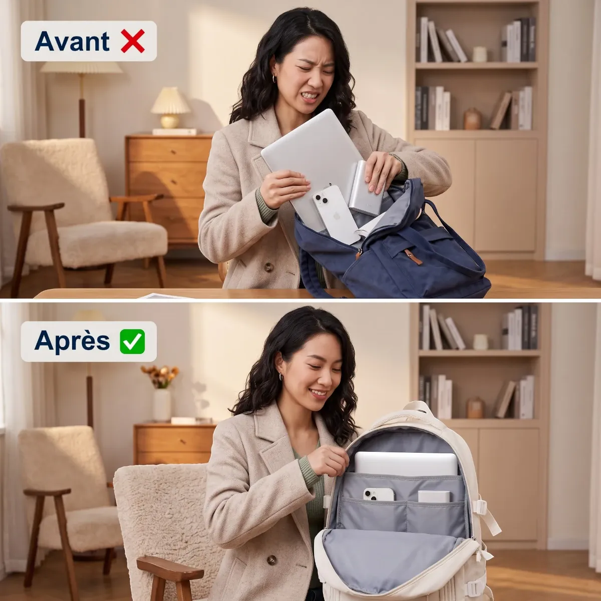 Comparatif avant et après rangement avec le sac à dos ordinateur femme Irisia