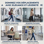 Différents cas d'utilisation urbains et professionnels du sac à dos ordinateur femme Irisia : Métro, Réunions d'affaires, Coworking et nomadisme, voyages.
